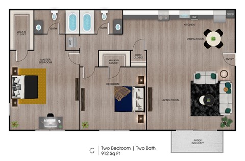 Floor plan for 2 beds, 2 baths, 912 sqft